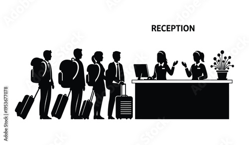 Silhouette of business people waiting at hotel reception desk with luggage