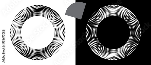 Abstract monochrome circular ring with overlapping segments. Modern vector textured torus design on white and black backgrounds with gray sector for logo or tech branding.