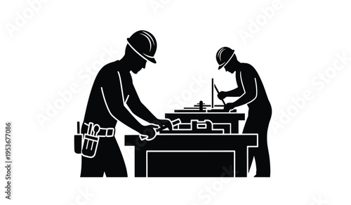 Silhouette of two workers in a workshop setting with tools and equipment silhouette