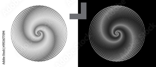 Abstract monochrome spiral vortex with interlocking L-shaped segments. Modern vector radial design for technology branding, tech icons, or optical art graphics.