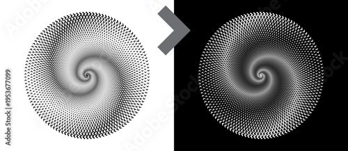 Abstract monochrome spiral vortex with chevron arrows. Modern vector radial design on white and black backgrounds for technology icons, optical art, or minimalist geometric branding.