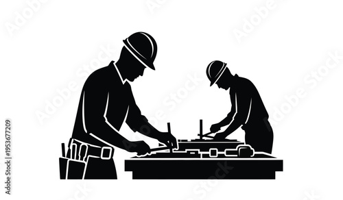 Silhouette of two workers collaborating on a project with silhouette
