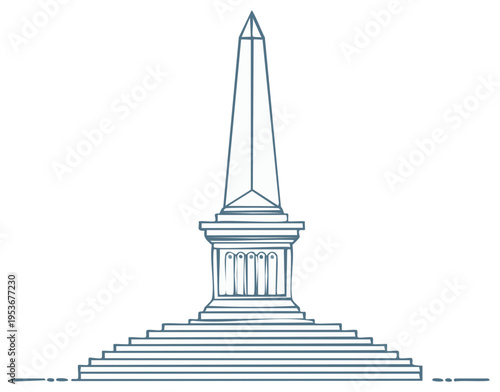 Linear illustration of an obelisk on a tiered base evokes ancient architecture and monument design