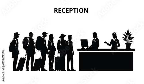 Business people in silhouette waiting at a reception desk with a receptionist silhouette