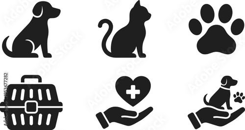 Professional Veterinary Care Icon Set Featuring Dog and Cat Silhouettes with Medical Heart Symbols Animal Carrier and Pet Adoption Protection Graphic Elements