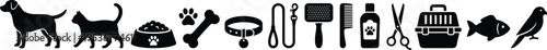 Pet Care and Grooming Icon Set Row Featuring Dog Cat Bird and Fish Silhouettes with Essential Supplies for Veterinary Clinics Pet Shops and Apps