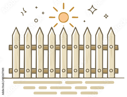 Simple wooden picket fence under a bright sunny sky with decorative stars and sparkles
