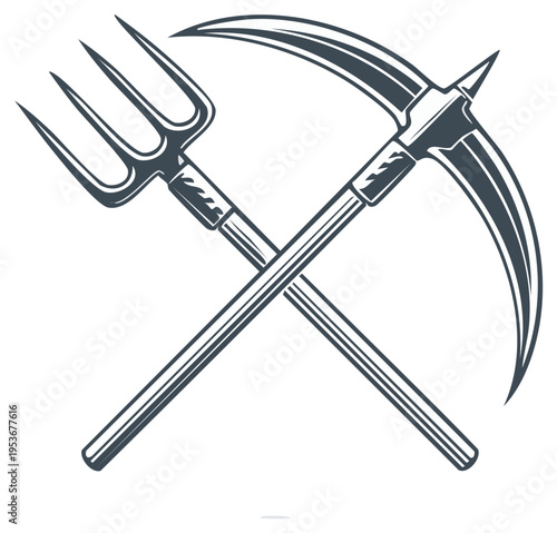Crossed Pitchfork and Scythe Farm Agricultural Tools Icon Symbol Vintage Style