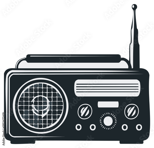 Retro portable radio with antenna and speaker grill black and white illustration