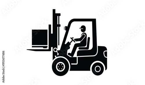 Silhouette of a person operating a forklift with a load on the forks in a warehouse or industrial setting silhouette