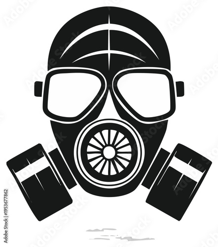 Graphic illustration of a black and white gas mask with goggles and dual canisters