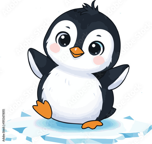A cute cartoon penguin standing on melting ice floes in a polar region.