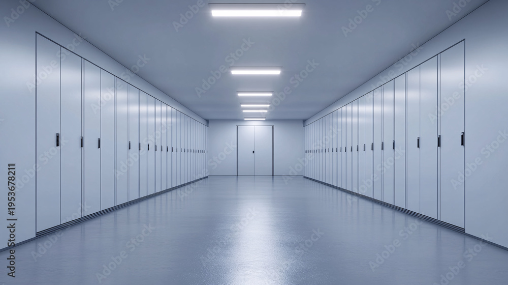Fototapeta premium White minimal corridor with clean lines and symmetry, modern architecture, sterile environment and future concept.