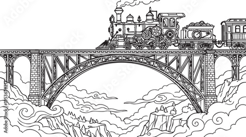 Intricate line art of a vintage steam train crossing a grand arched bridge above a mystical cloudscape and majestic mountains