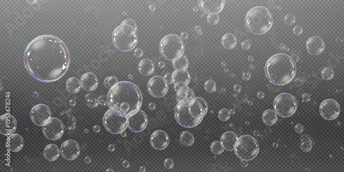 Collection of realistic transparent soap bubbles floating with iridescent rainbow reflections on dark background vector illustration