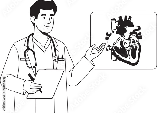 A doctor presents a human heart diagram to explain medical information.