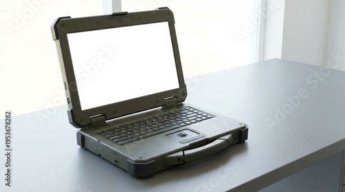 Rugged Industrial Laptop Computer With Blank White Screen On Grey Desk
