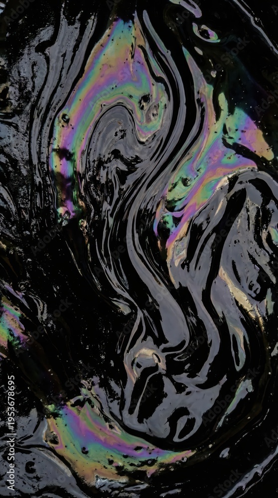 Naklejka premium Swirling iridescent oil slick with rainbow reflections on black surface for abstract background and texture design