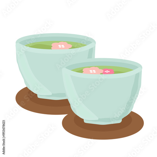 桜が浮いた茶托付きの緑茶　イラスト