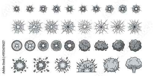 Collection of bullet hole glass cracks stone debris and smoke explosion visual effect symbols vector illustration