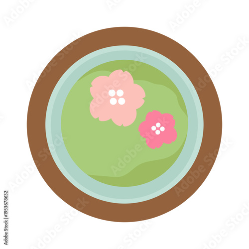 桜が浮いた茶托付きの緑茶　俯瞰　イラスト
