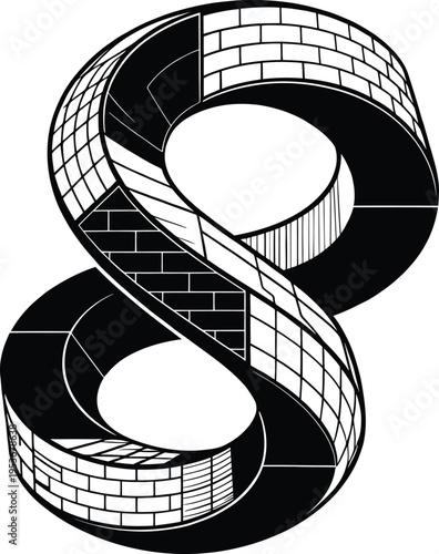 Abstract architectural infinity loop symbol, a monochrome graphic vector with diverse textures of brick, grid, and lines.