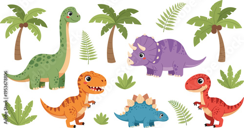 Set of Cute Cartoon Dinosaurs Including T-Rex, Triceratops, Brachiosaurus, and Stegosaurus with Palm Trees and Plants