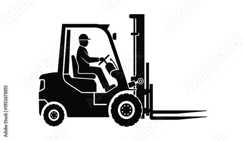 Silhouette of a forklift operator driving a vehicle with forks and a cab silhouette