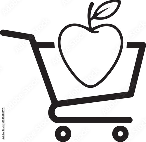 An illustration of a shopping cart contains a fresh apple.