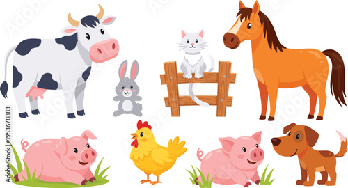 Set of Cute Cartoon Farm Animals Including Cow, Rabbit, Chicken, Horse, Pig, Dog, and Cat in a Farmyard Setting