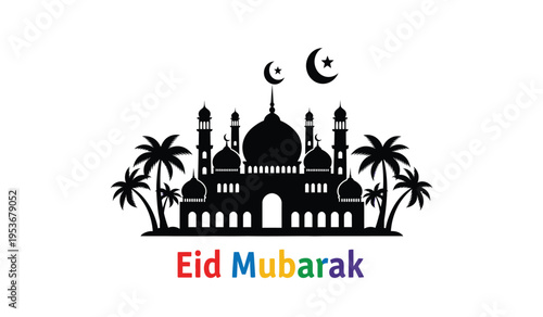 Eid mubarak celebration silhouette with mosque and palm trees