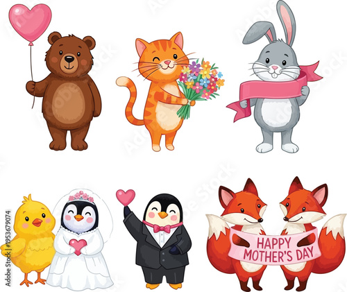 Cute cartoon animals and wedding characters