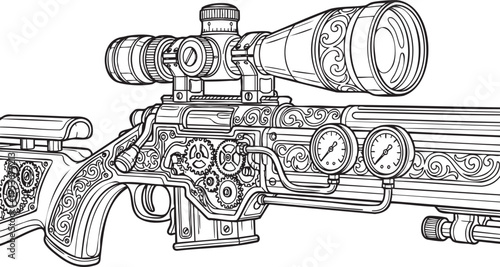 Elaborate Steampunk Sniper Rifle with Gears and Gauges, Detailed Line Art for Futuristic-Retro Concepts