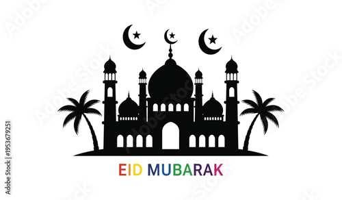 Eid mubarak celebration silhouette with mosque and crescent moons