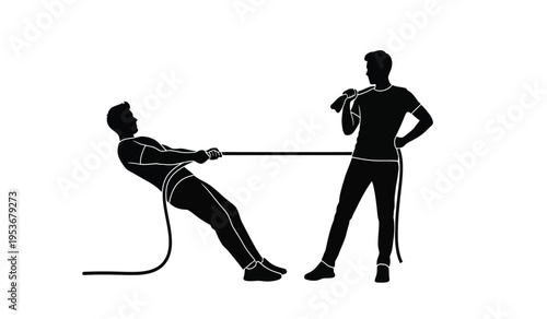 Silhouette of a man pulling a woman with a rope tied around her waist in a dynamic pose