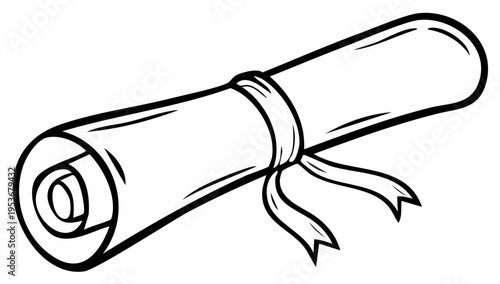 Rolled parchment scroll with ribbon tie, classic paper document design for awards or message icon art line drawing