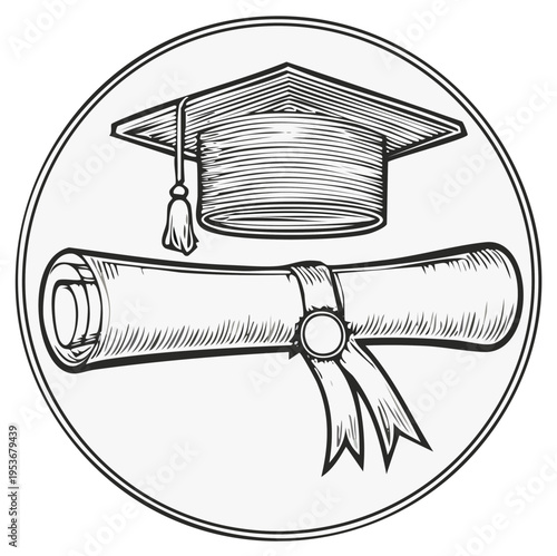 Graduation cap and scroll in circular frame, engraved style