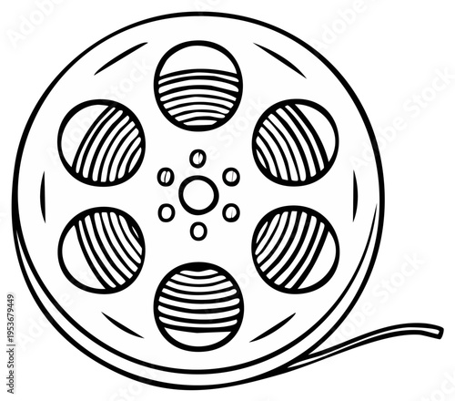 Classic black and white illustration of a vintage film reel with tape unwinding symbolizing cinema and filmmaking