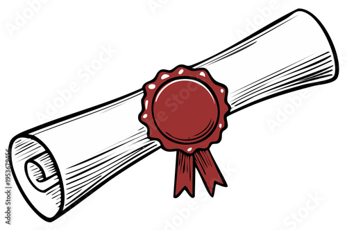 Rolled diploma certificate with red wax seal and ribbons award document