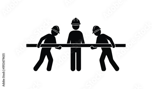 Silhouette of three firefighters carrying a stretcher or ladder