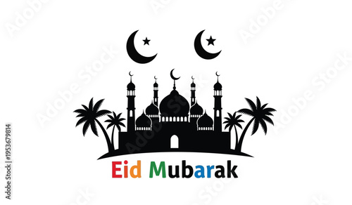 Eid mubarak celebration silhouette with mosque and crescent moons