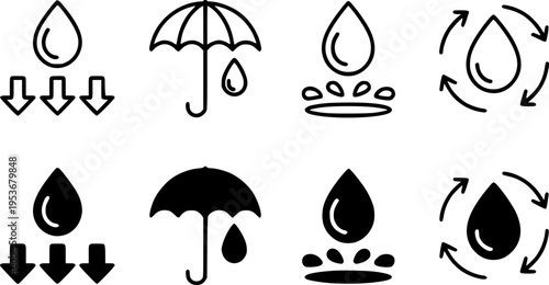 Set of water drop and umbrella representing liquid protection and circulation