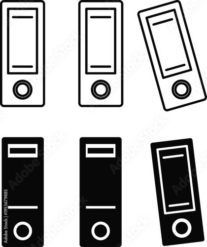 Set of office binder and file folder icons in outline and silhouette styles representing document management, professional organization, and stationery.