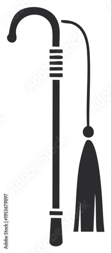 Vintage walking stick with a curved handle and decorative tassel icon