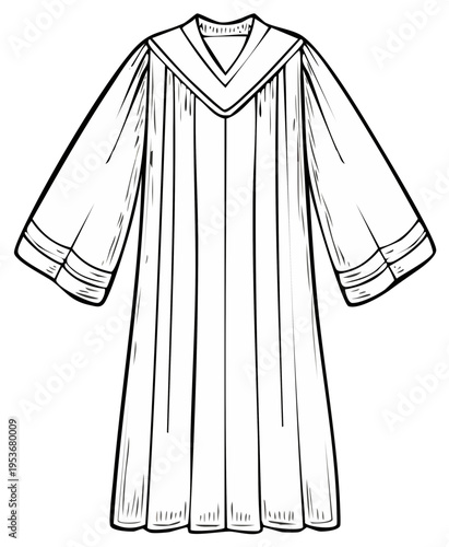 A simple black and white vector line art illustration of a traditional church choir robe