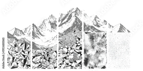 Artistic mountain peak landscape with geometric abstract textures and grainy stone patterns for outdoor adventure vector illustration