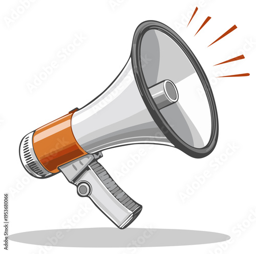 Illustration of a silver and orange megaphone emitting sound waves for communication and announcements