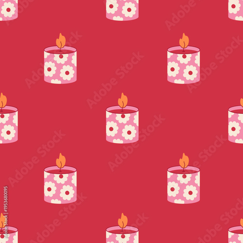 Aromatic Candles Romantic Seamless Pattern. Cute Hand drawn Candlelight Red Background with Floral Daisy Elements. Repeat vector illustration in flat style