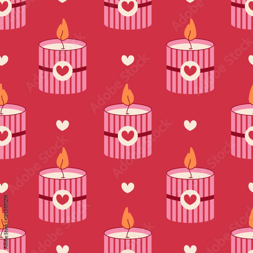 Romantic Wax Candle and Heart Seamless Pattern. Modern Hand Drawn Candlelight Red Background with Cozy Interior Elements Flame and wick. Flat vector illustration