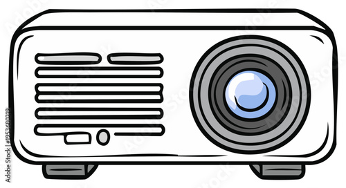 White projector with cooling grill and lens for presentations and home theater viewing equipment for images and videos